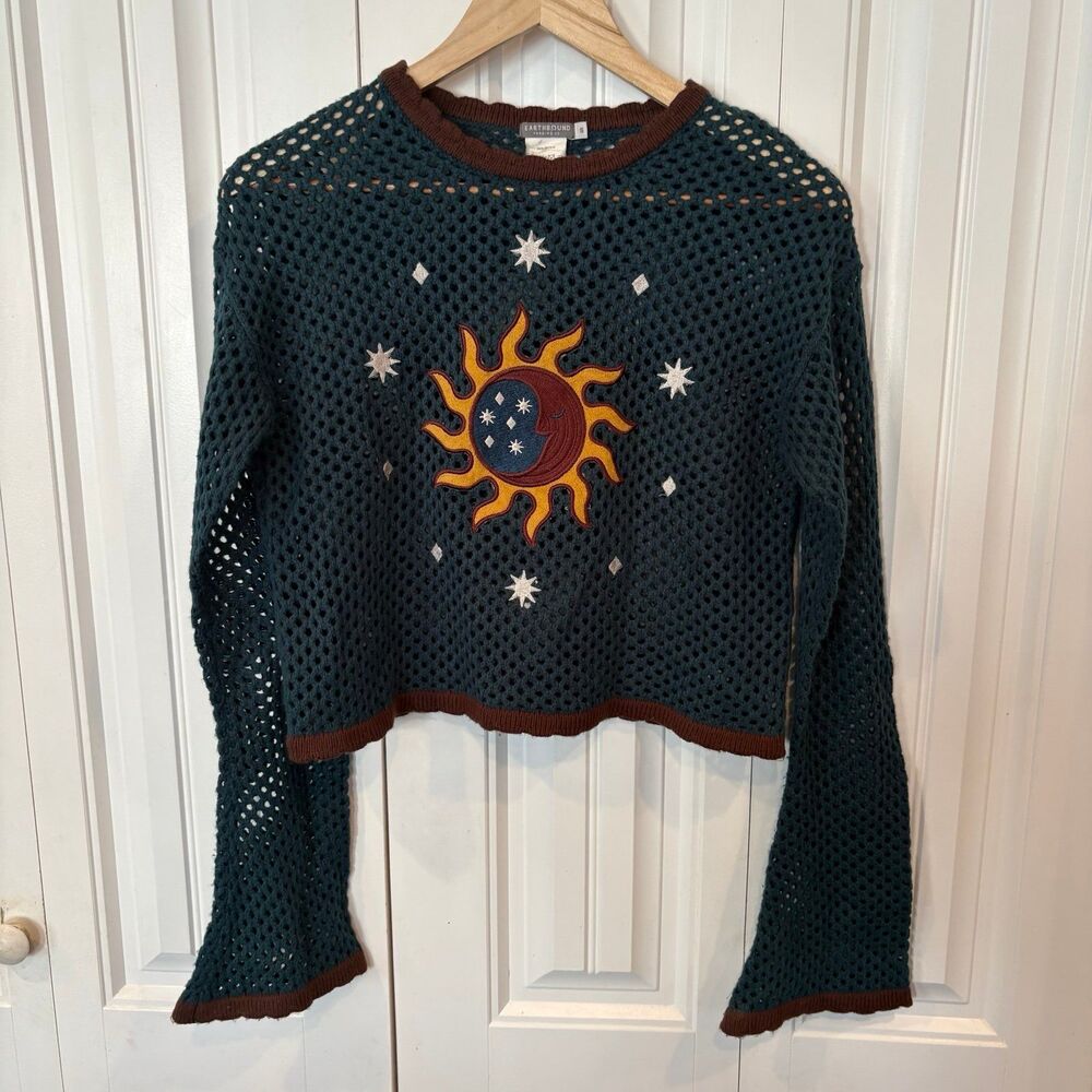 Earthbound Trading Co Teal Sun Crochet Crop Sweater Size Small